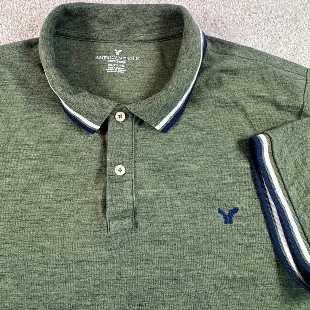 American Eagle Mens XXL Polo Shirt Heather Green Tipped Collar Short Sleeve